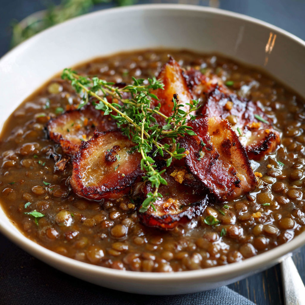 A bowl of soup with bacon and herbs.