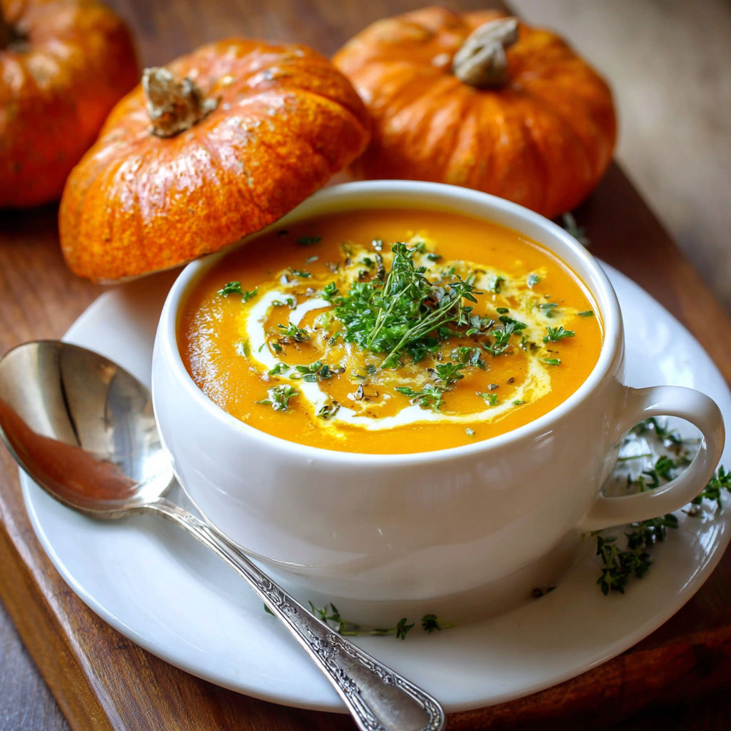 A cup of soup with a spoon in it.