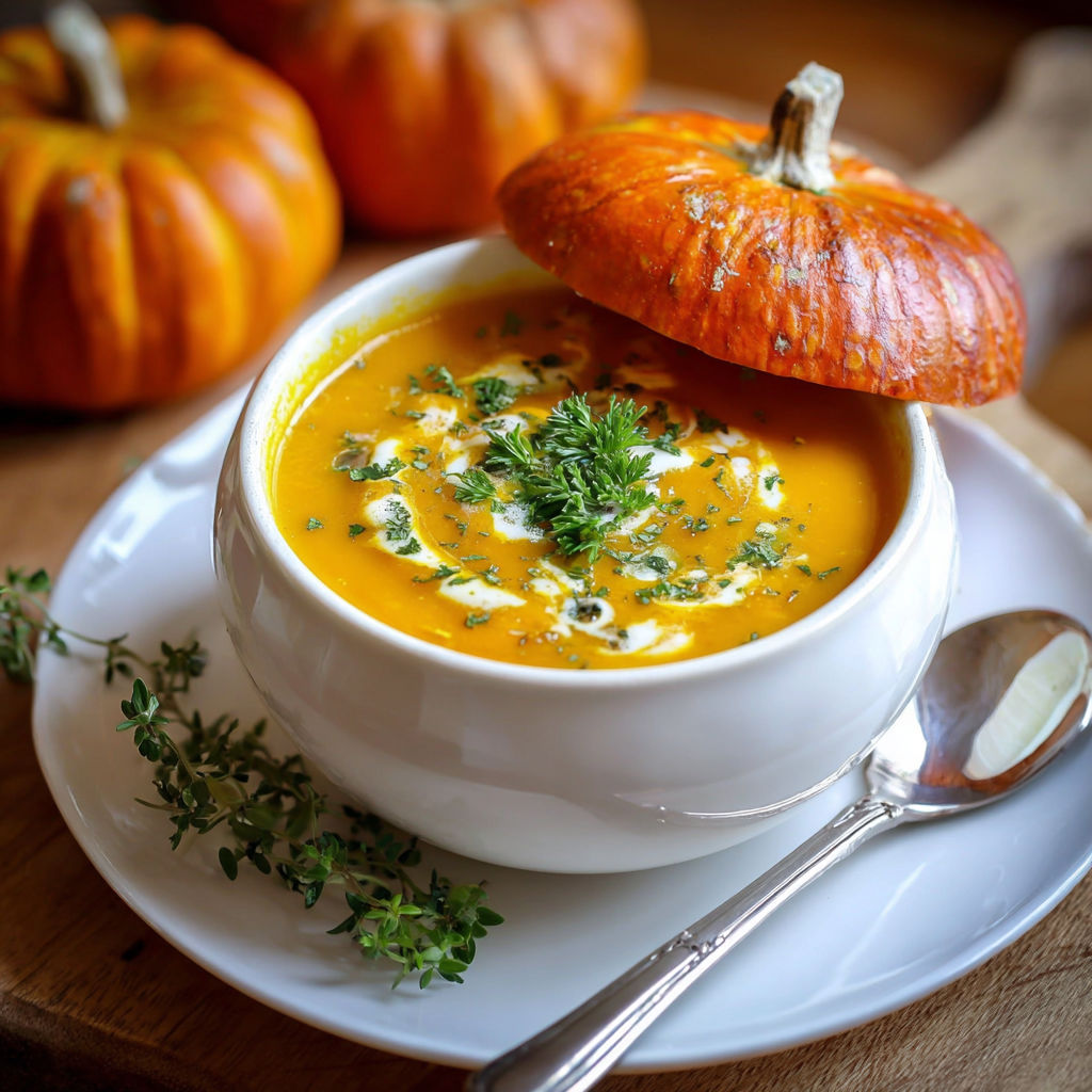 A bowl of soup with a spoon in it.