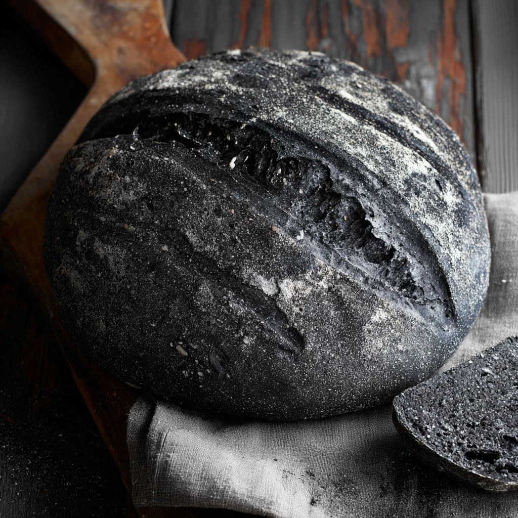 A loaf of black bread on a table.