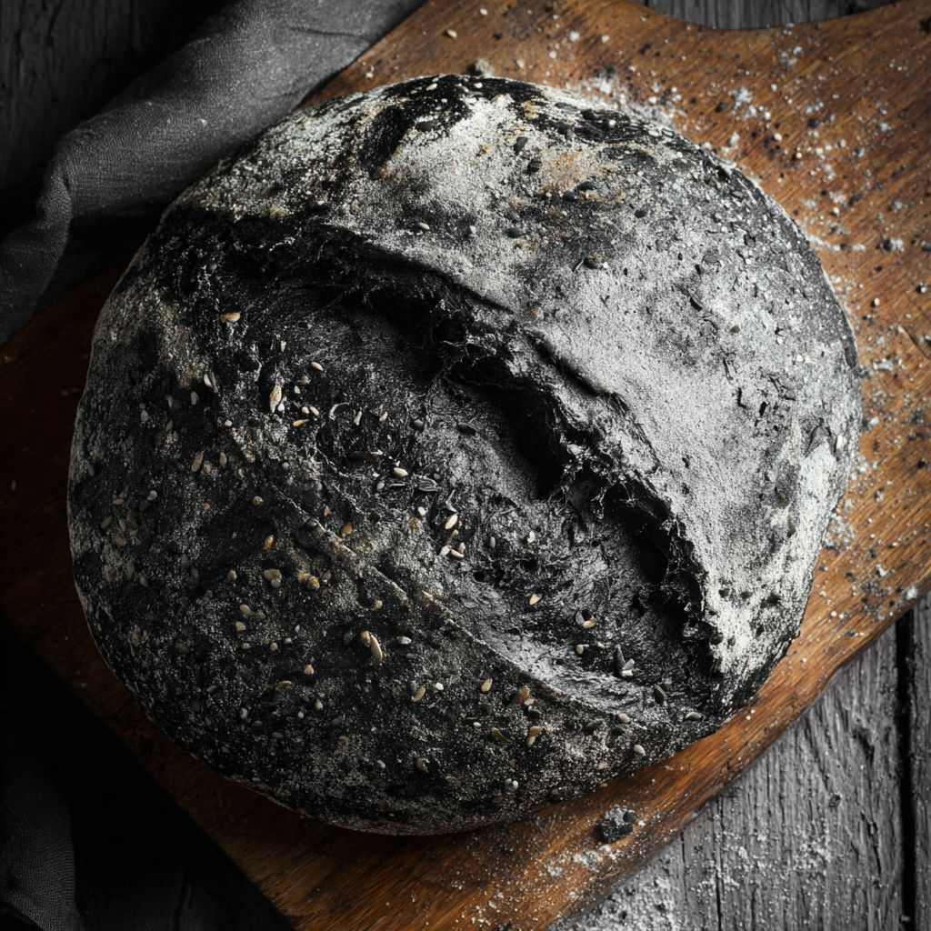 A black bread loaf on a wooden cutting board.