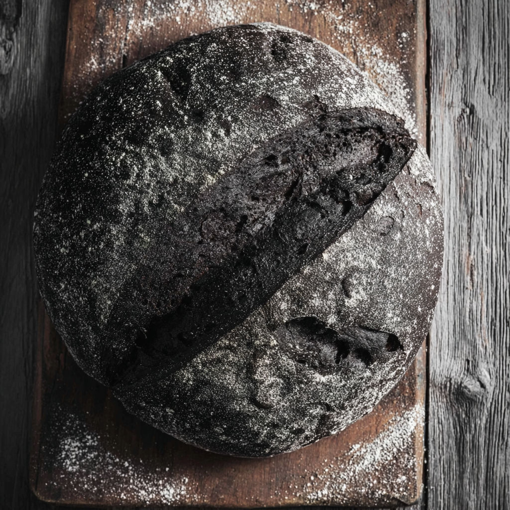 A slice of black bread on a wooden cutting board.
