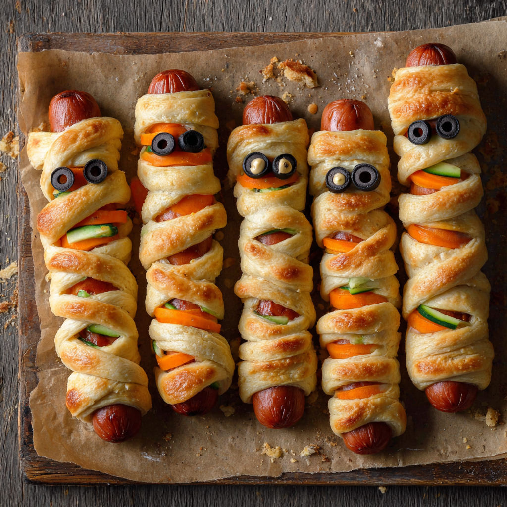 A tray of hot dogs wrapped in dough and decorated with googly eyes.