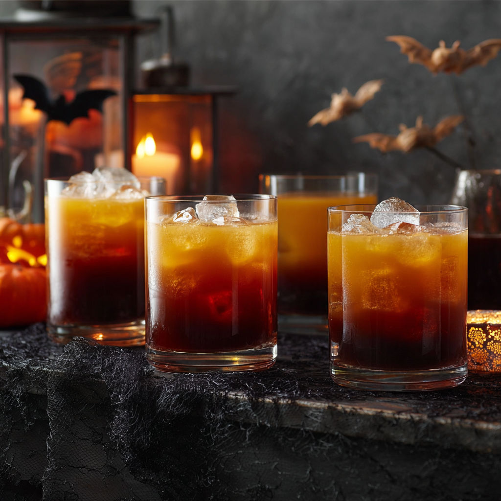 Four glasses of red liquid are on a table.