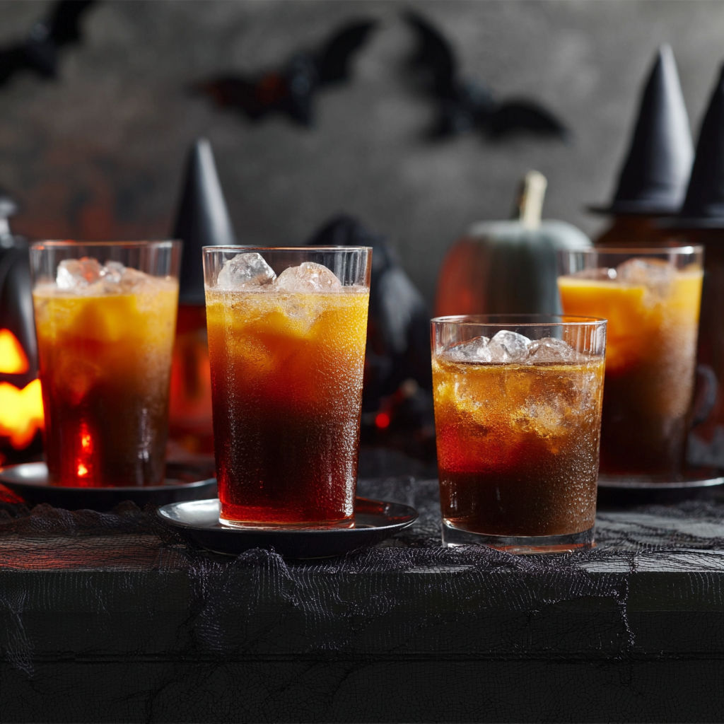 A table with four glasses of orange drinks and a pumpkin.