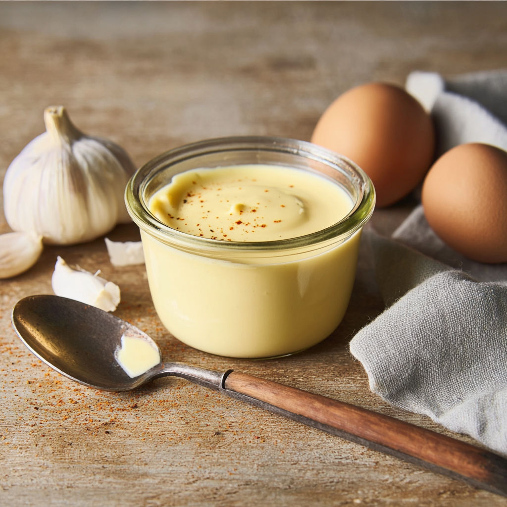 A bowl of aioli with a spoon in it.