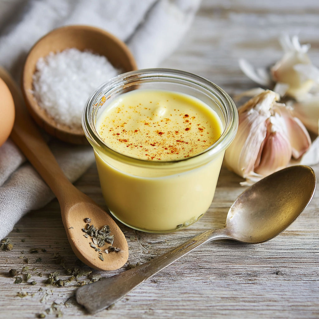 A glass jar of aioli with a wooden spoon and a bowl of salt.