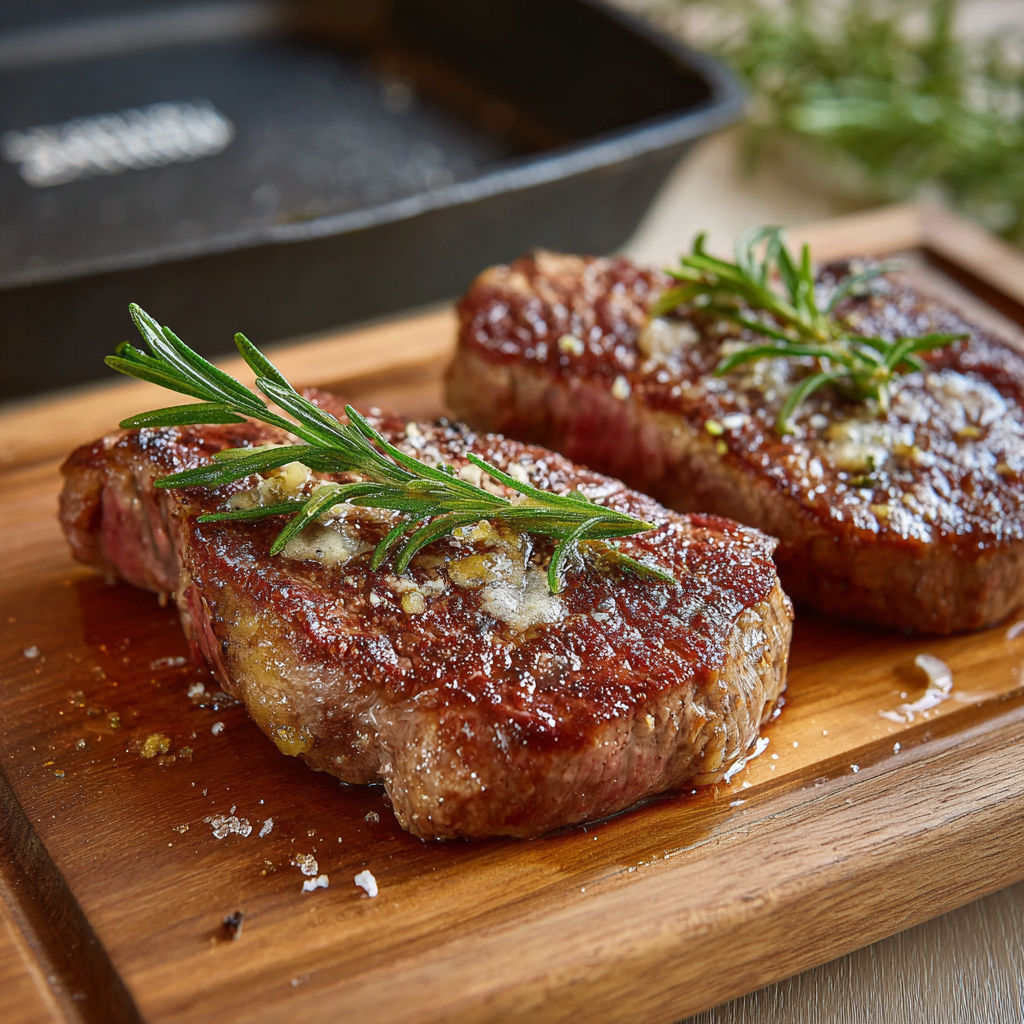 Two pieces of steak braten on a wooden platter.