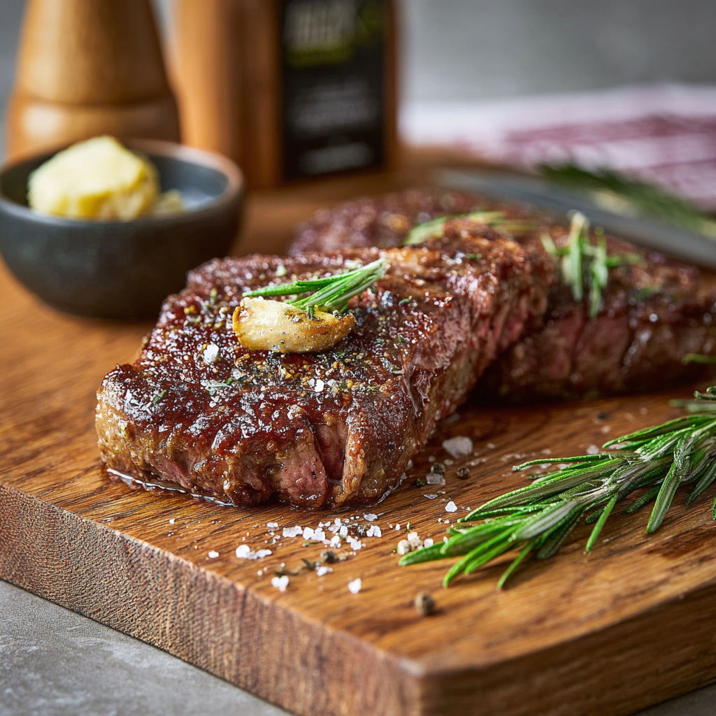 A piece of steak braten with a bowl of butter and a knife.