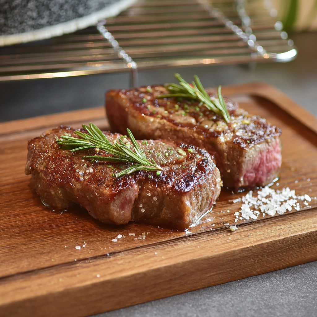 Two pieces of steak braten with herbs on a wooden cutting board.