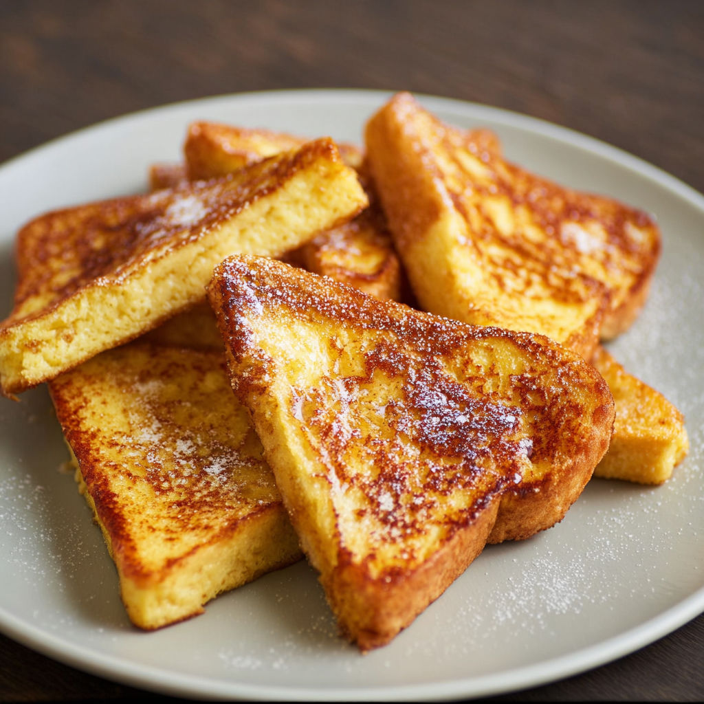 A plate of french toast with powdered sugar on it.