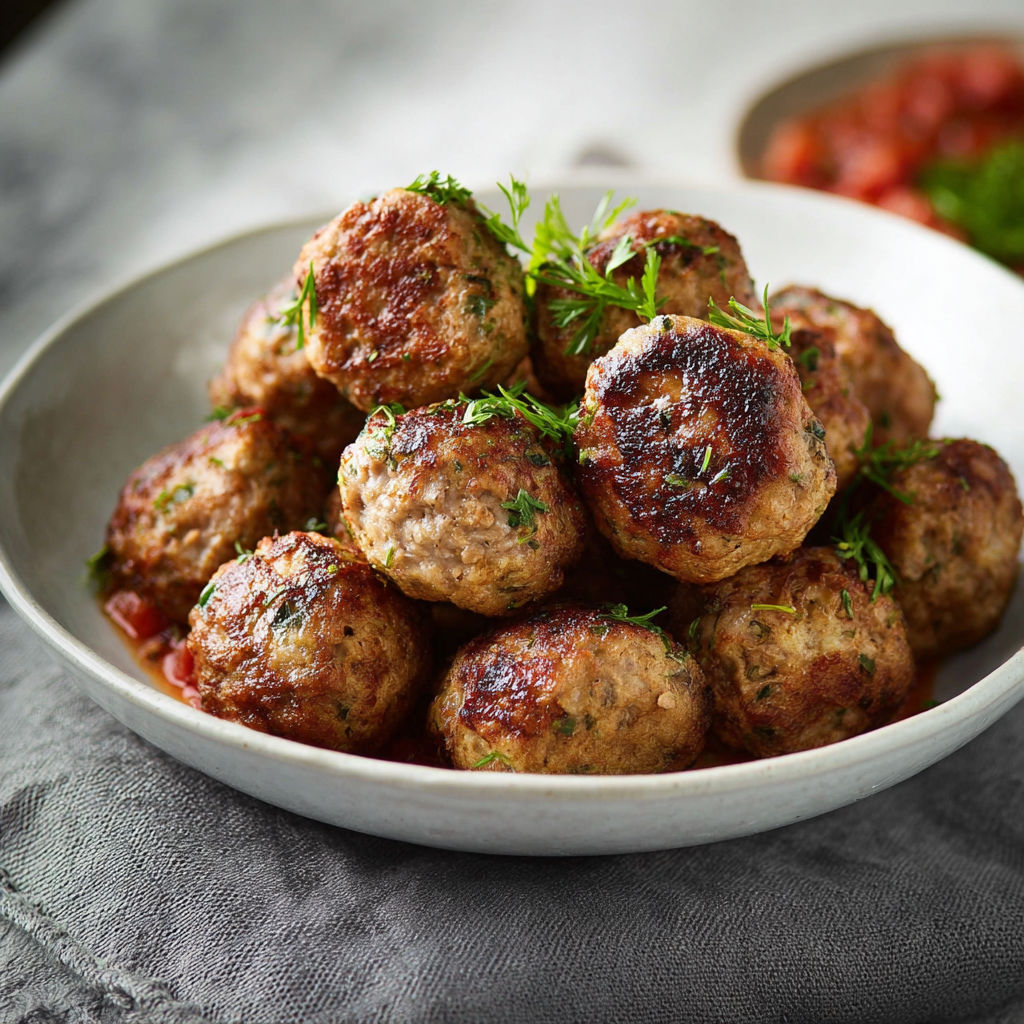 A bowl of meatballs with a green garnish.