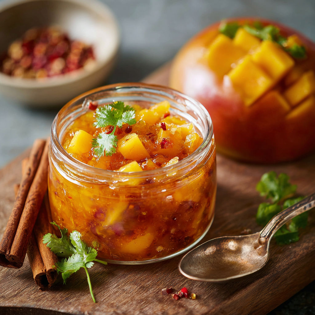 A glass jar of mango chutney.