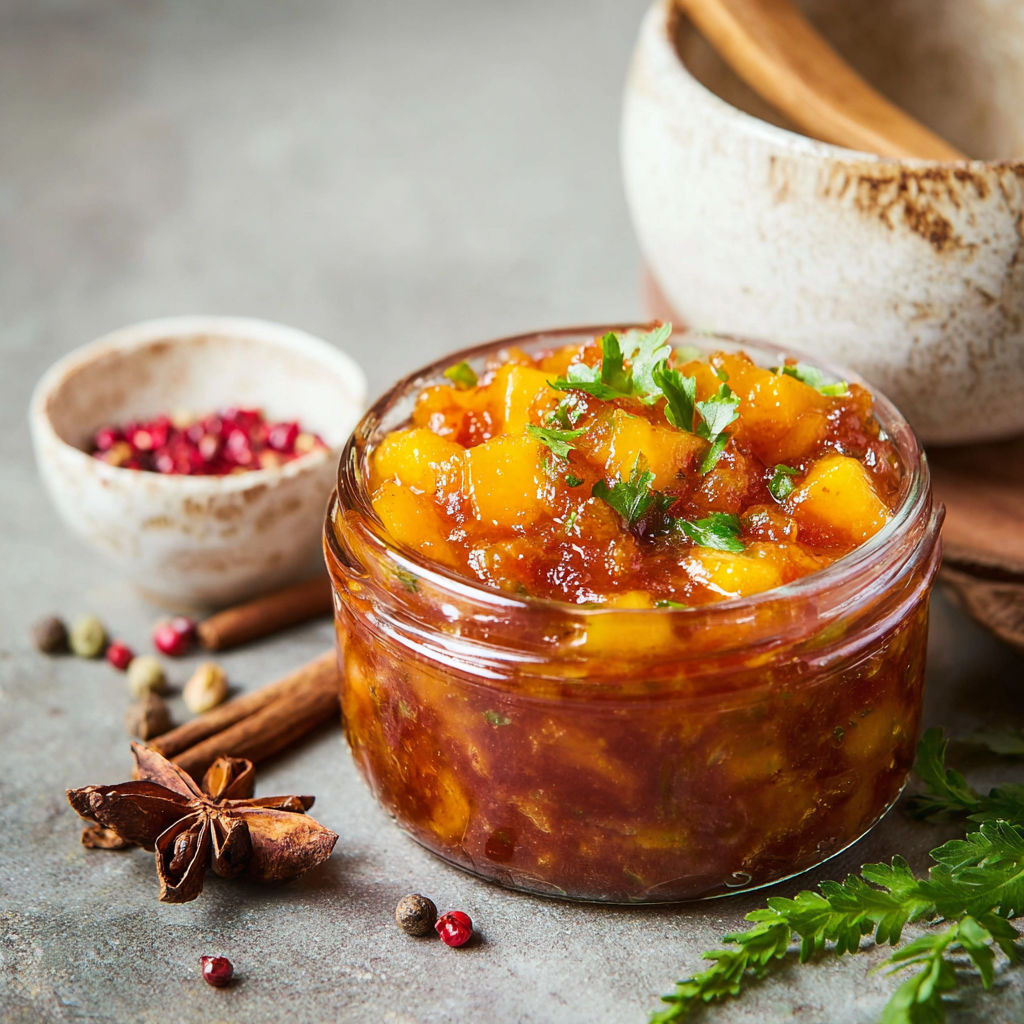 A jar of mango chutney with a spoon in it.