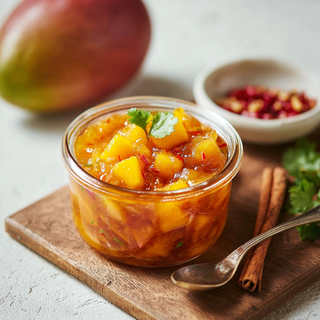A bowl of mango chutney with a spoon in it.