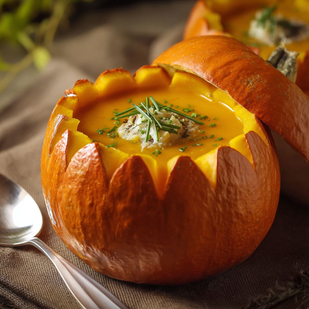 A pumpkin with soup in it.