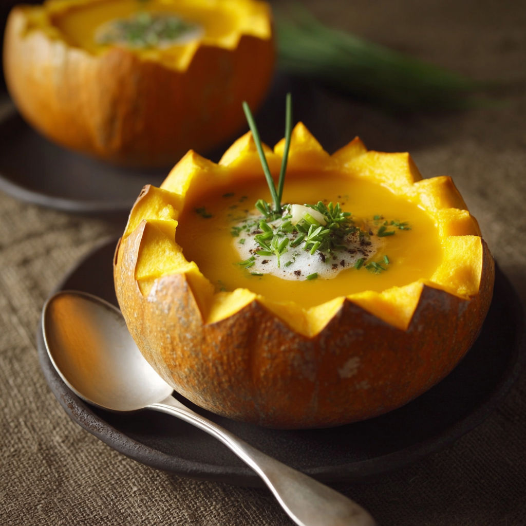 A bowl of soup with a spoon in it.