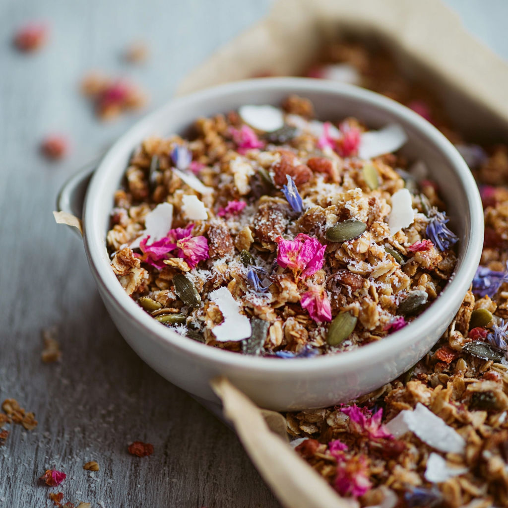 A bowl of crunchy müsli with pink flowers.