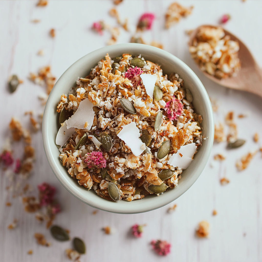 A bowl of crunchy müsli with pink flowers.