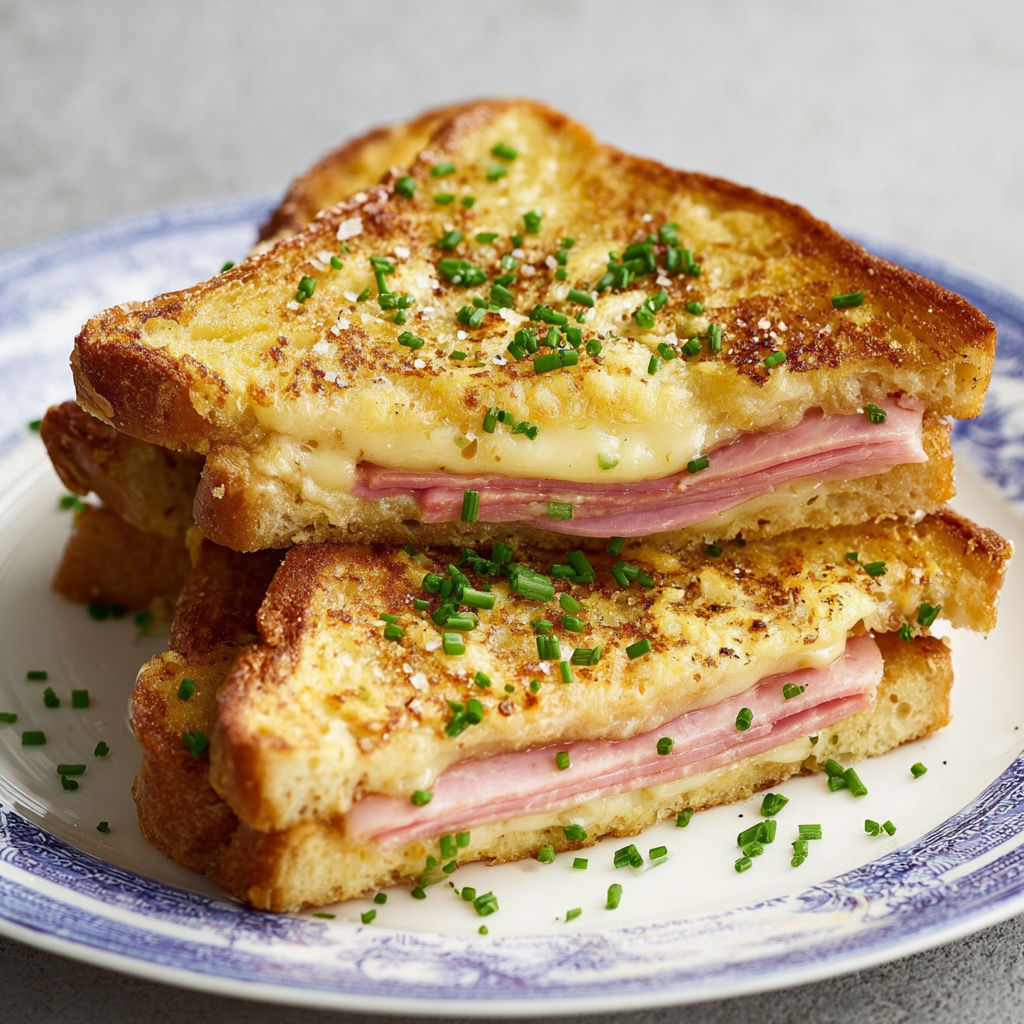 A plate of sandwiches with herbs on top.