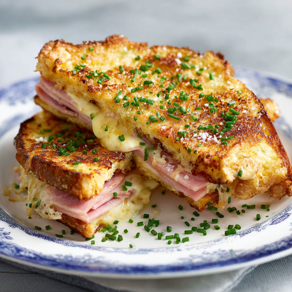 A plate of grilled cheese sandwiches with green herbs on top.