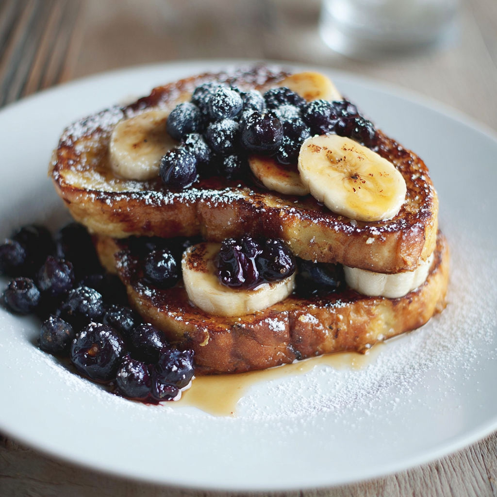 A stack of French toast with blueberries and bananas.