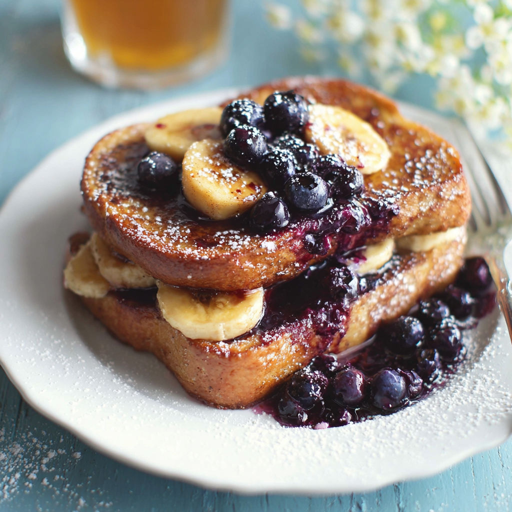 A stack of French toast with blueberries on top.