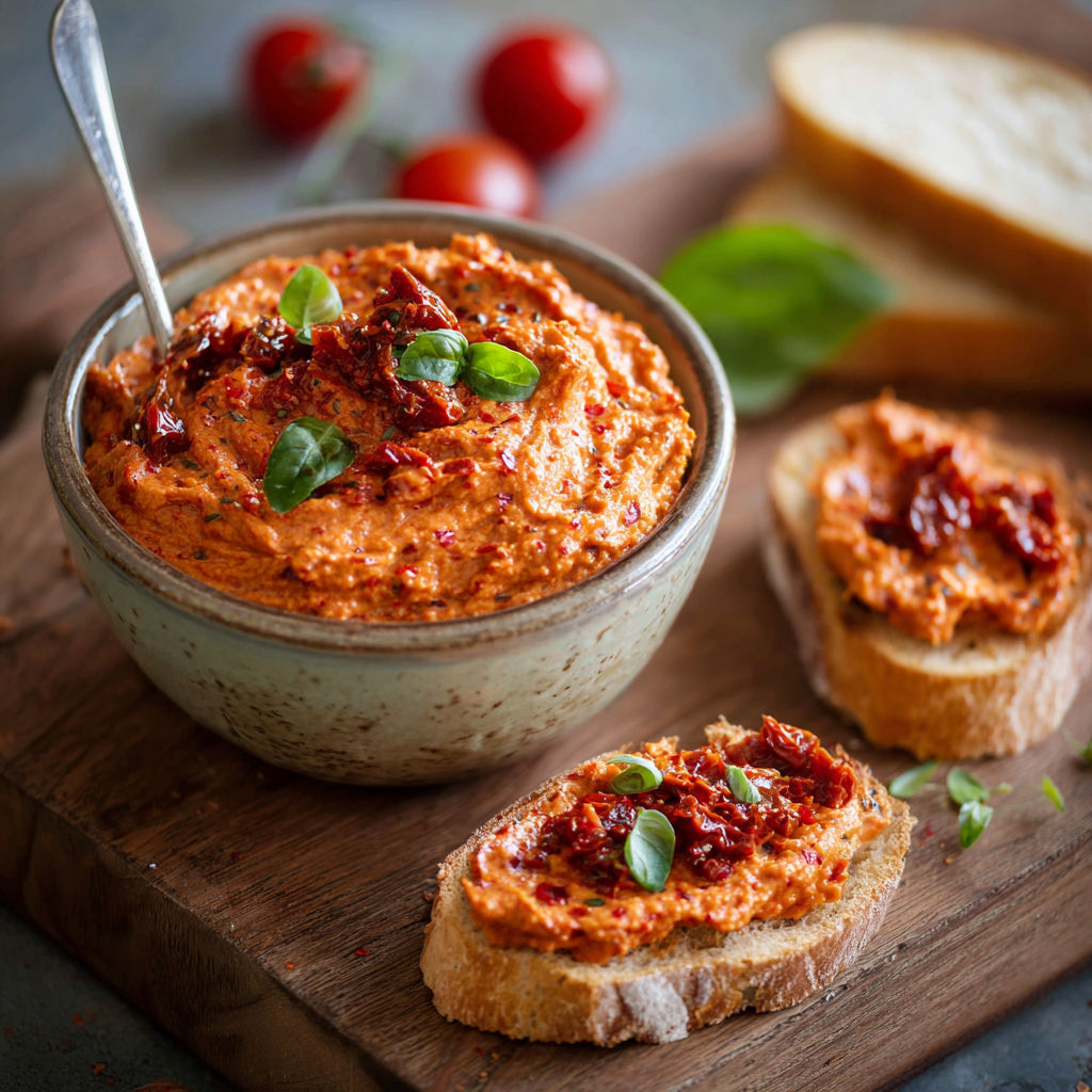 A bowl of red sauce with bread and tomatoes.