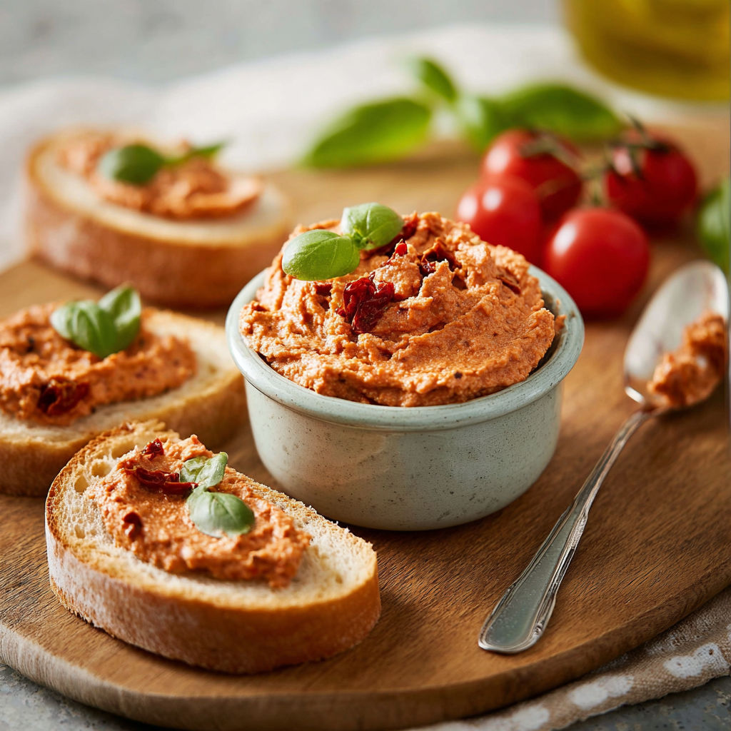 A bowl of red sauce with a spoon and a plate of bread.