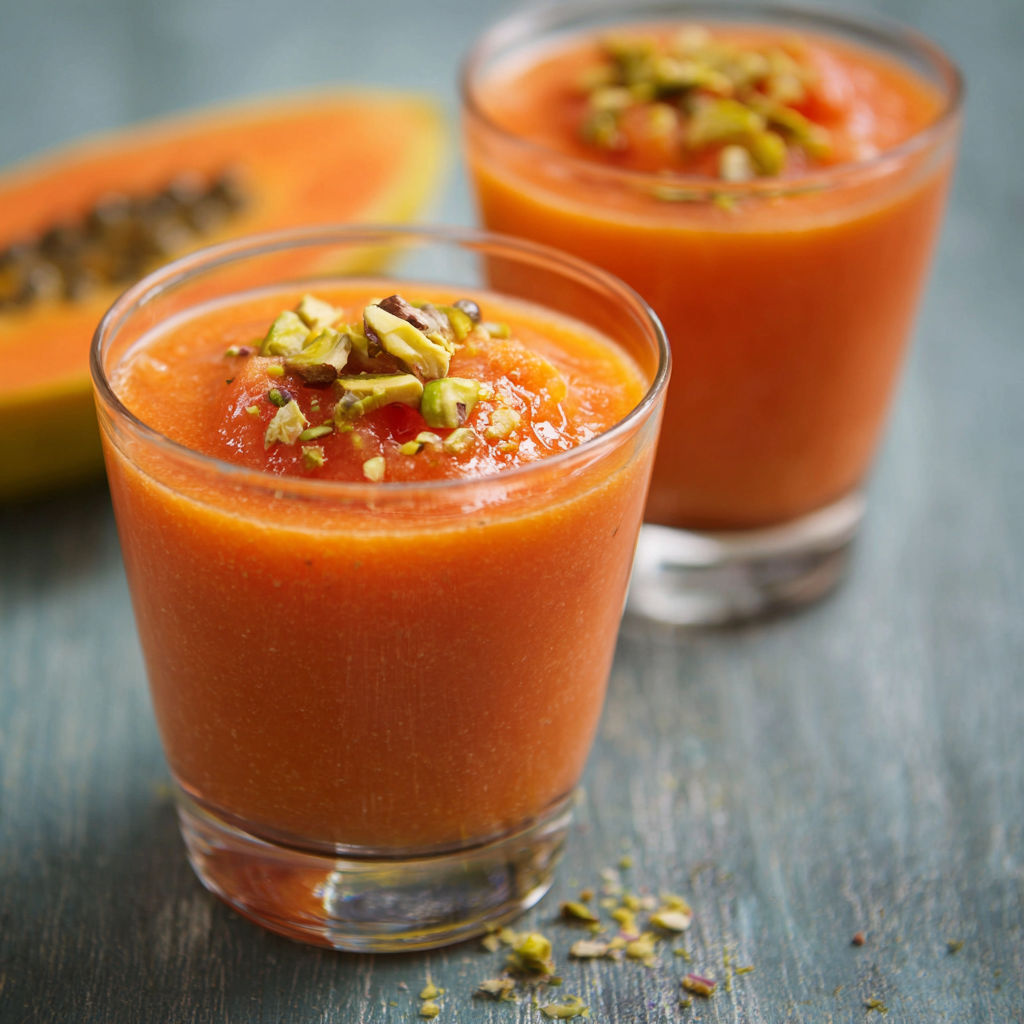 A glass of papaya juice with a sprig of mint on top.
