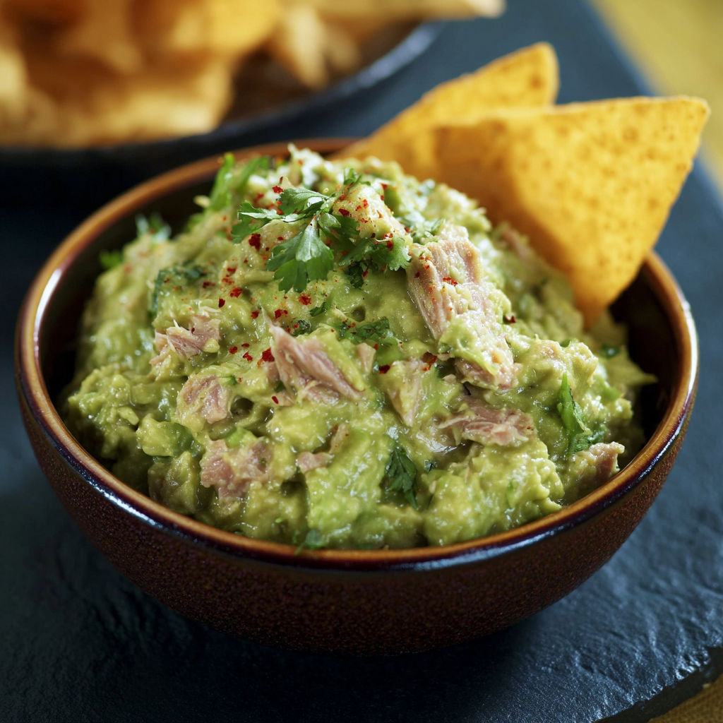 A bowl of guacamole with chips on the side.