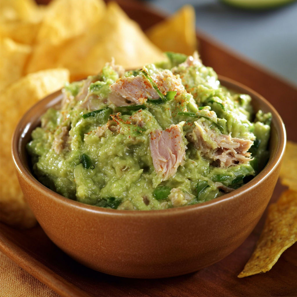 A bowl of guacamole with chicken.