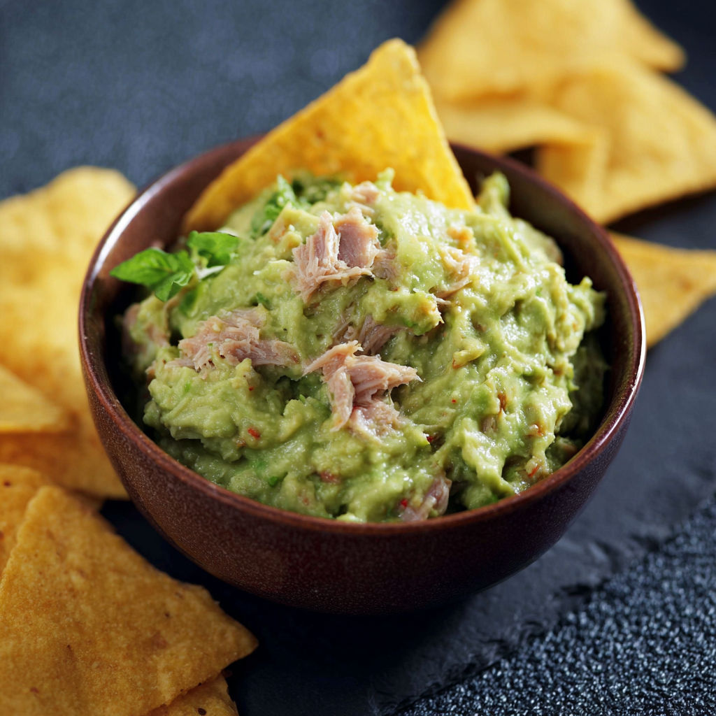 A bowl of guacamole with chicken.