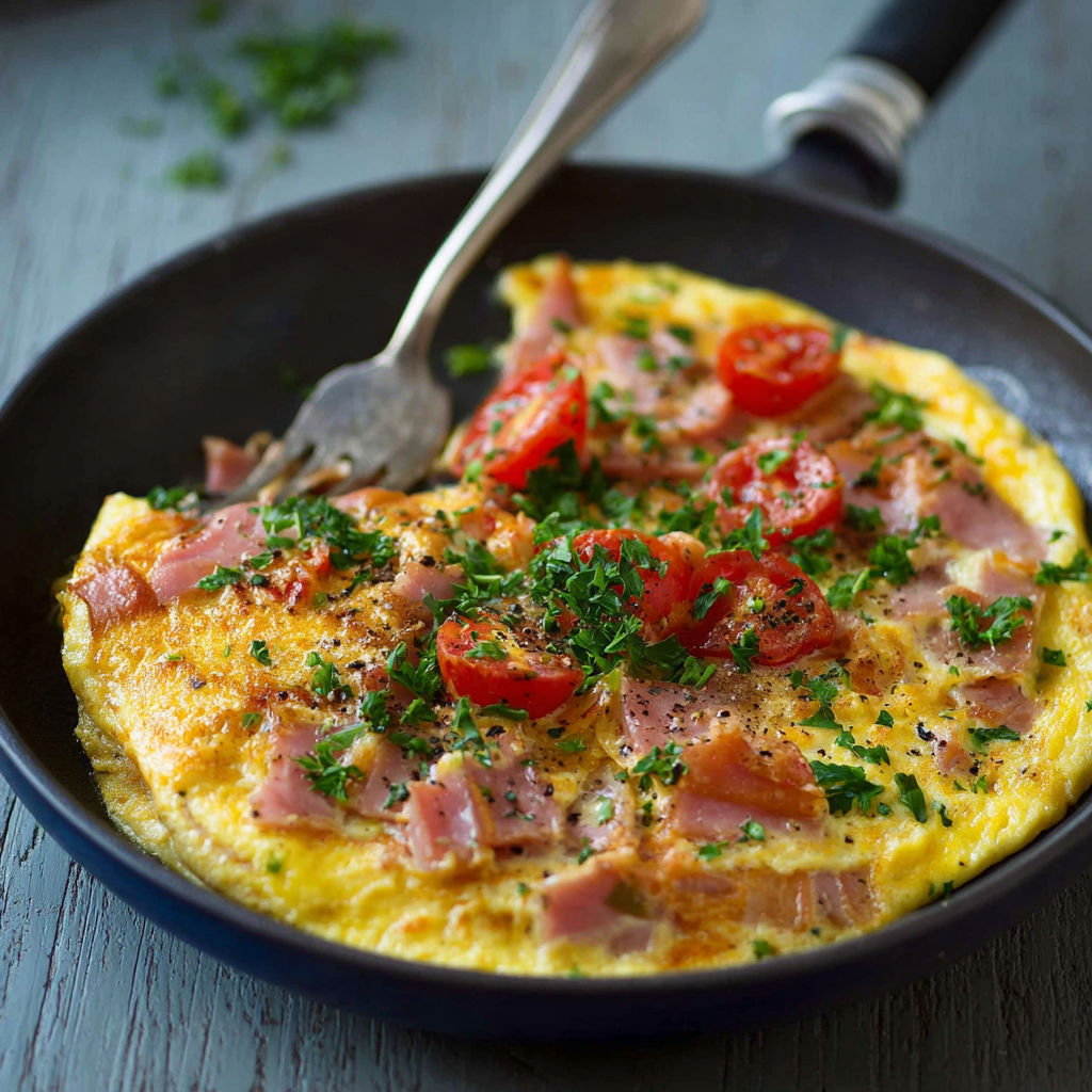 A low carb omelette with ham, tomatoes, and herbs.
