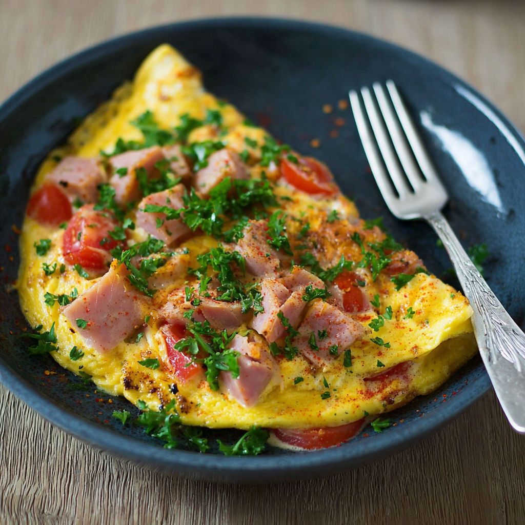 A low carb omelette with ham and tomatoes.