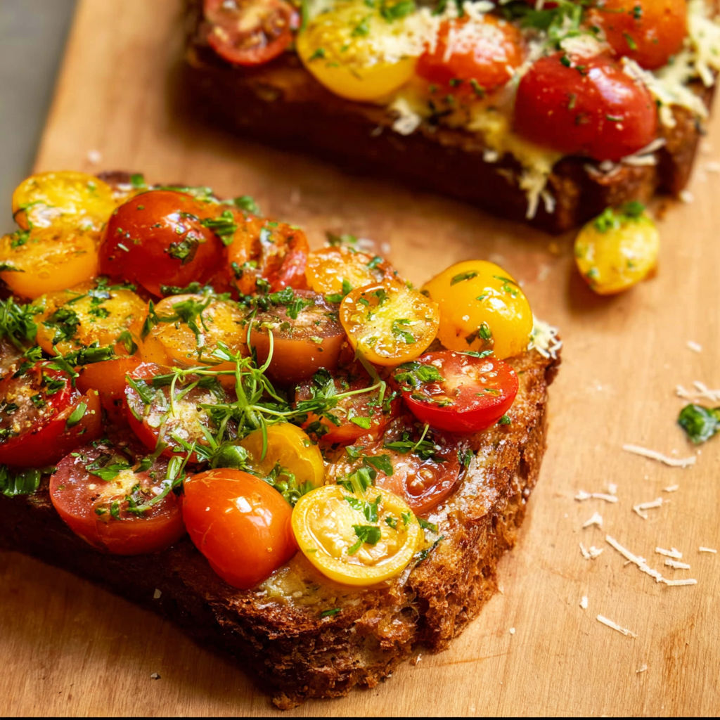 A slice of warm tomato bread.