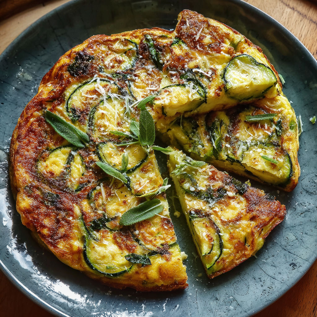 A slice of zucchini frittata with basil on a plate.