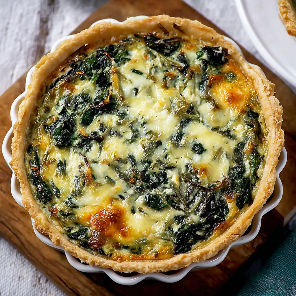 A green vegetable quiche with a golden crust.