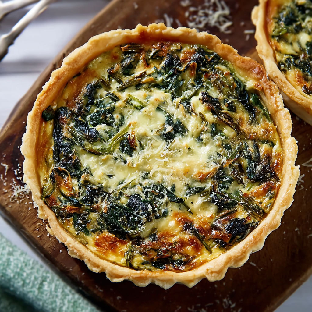 A close up of a spinach quiche.