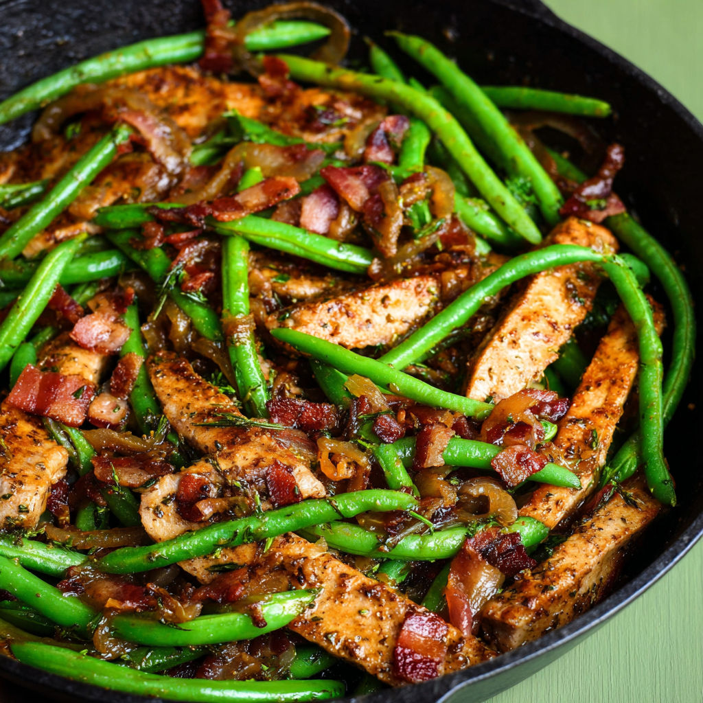 A pan of food with green beans and bacon.