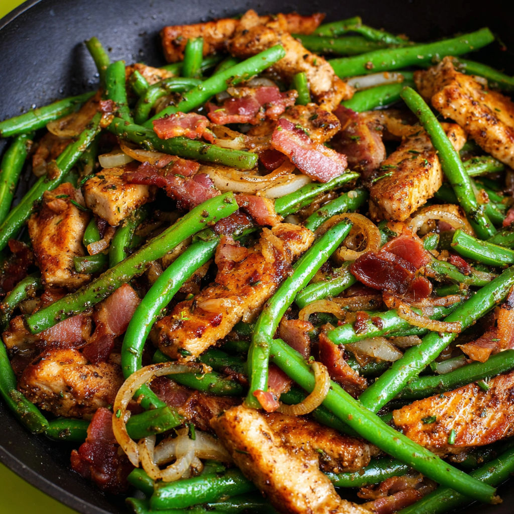 A pan of meat and green beans.
