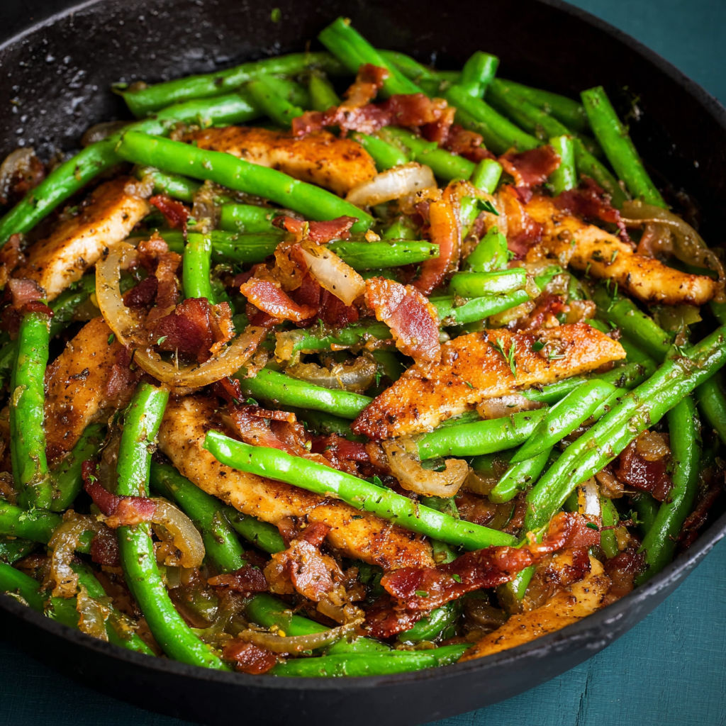 A pan of food with green beans and bacon.