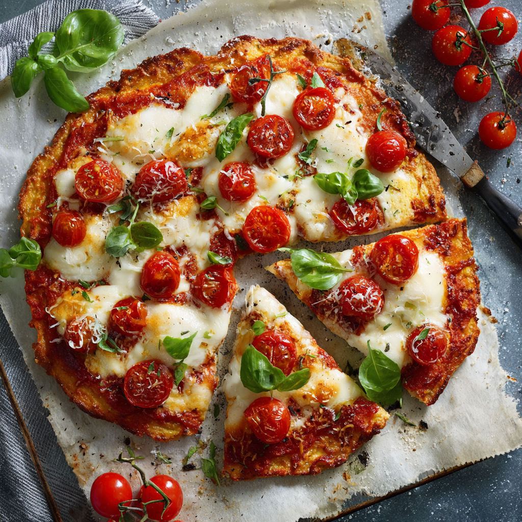 A pizza with tomatoes and cheese.