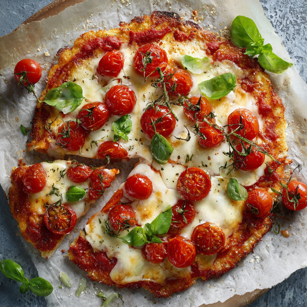 A slice of pizza with tomatoes and basil.