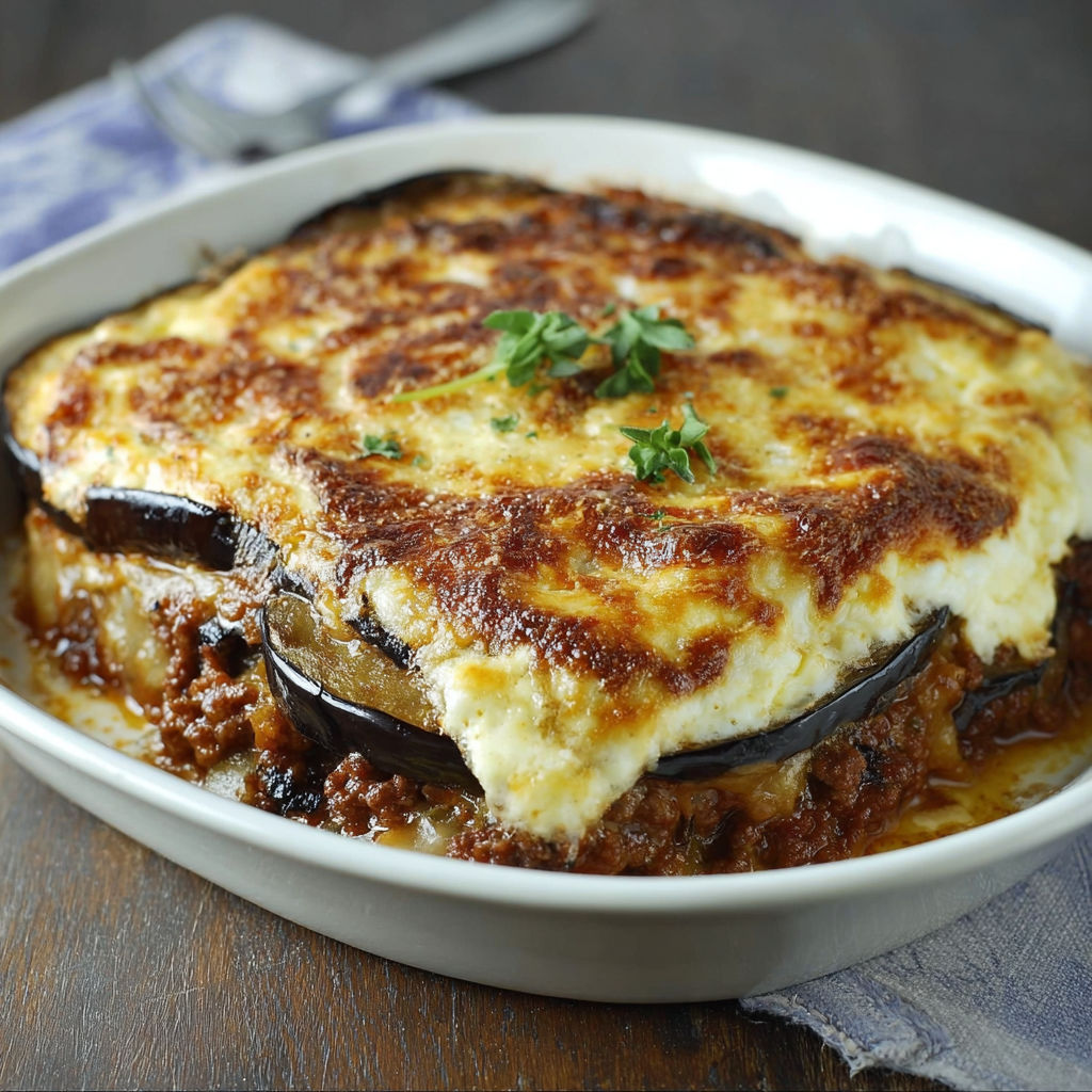 A white bowl filled with a delicious moussaka.