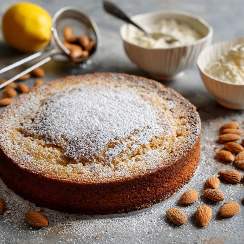 A cake with white powder on top.
