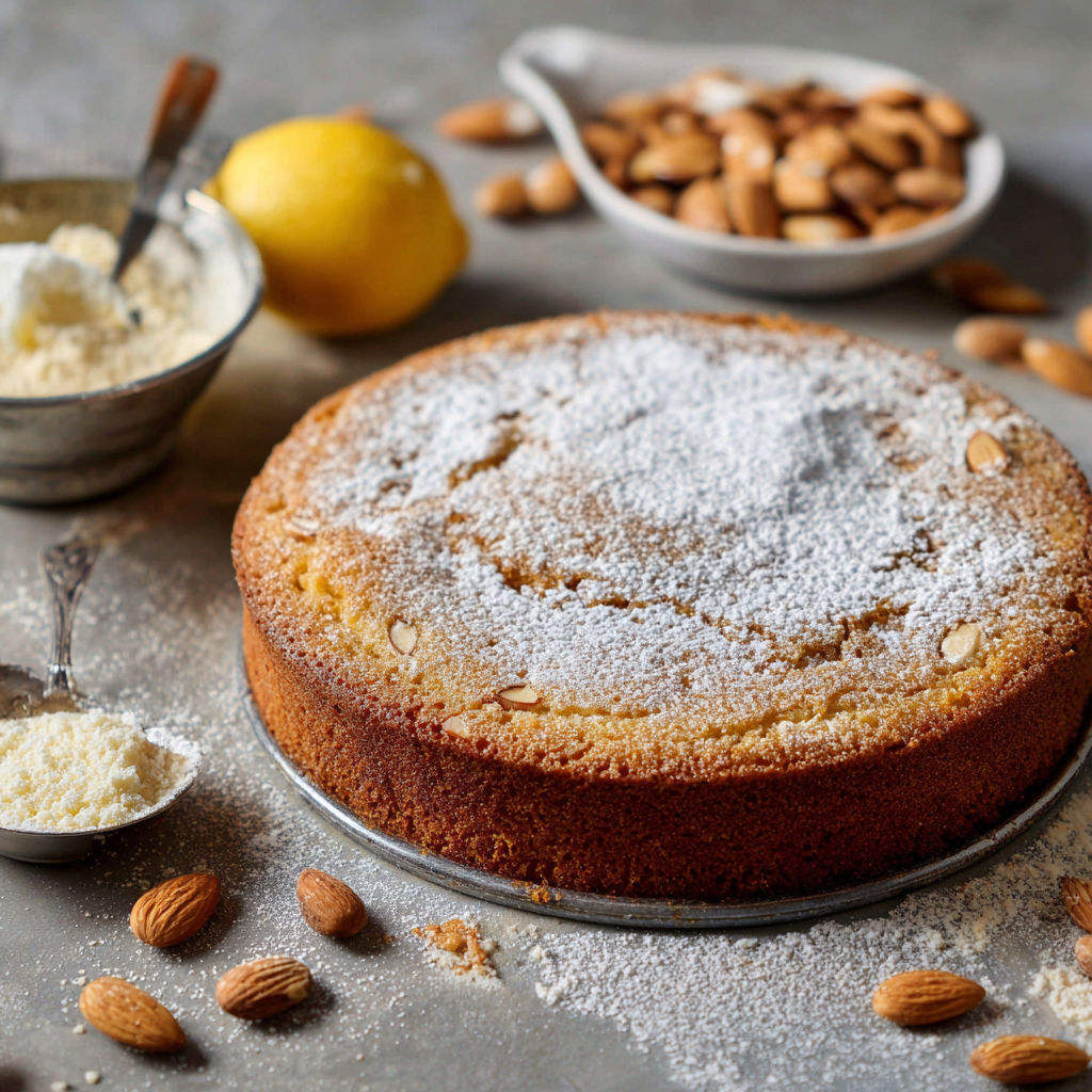 A cake with white powder on top.