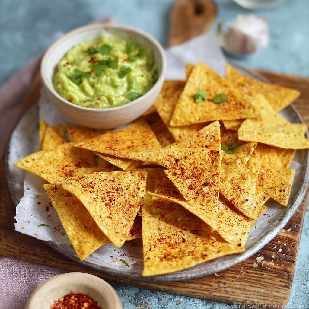 A plate of tortilla chips with a bowl of guacamole.