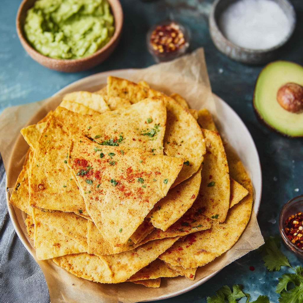 A plate of tortilla chips with a bowl of guacamole and salsa.