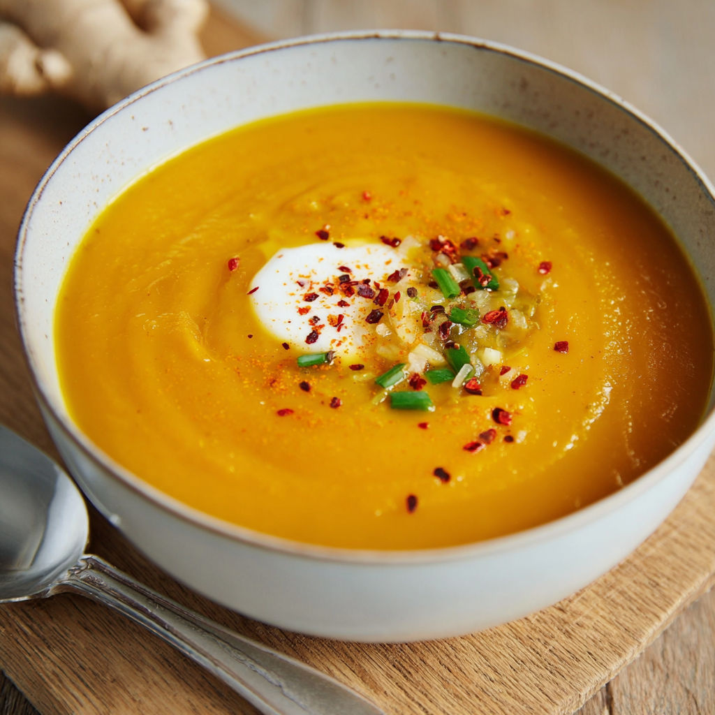 A bowl of soup with a spoon in it.